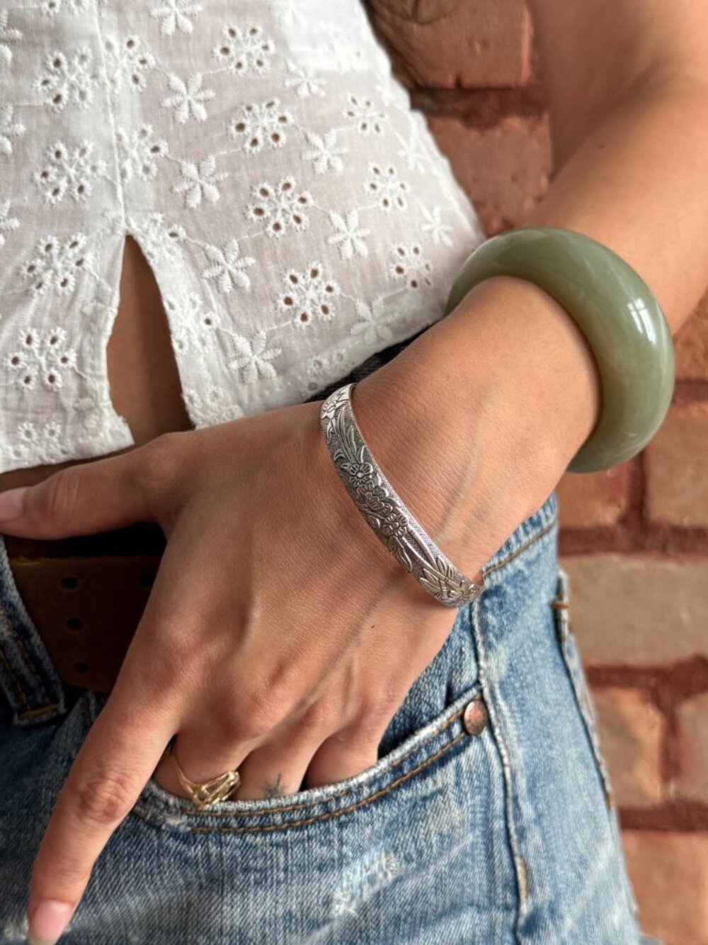 Silver Floral Engraved Cuff Bracelet Stainless Steel Adjustable Boho